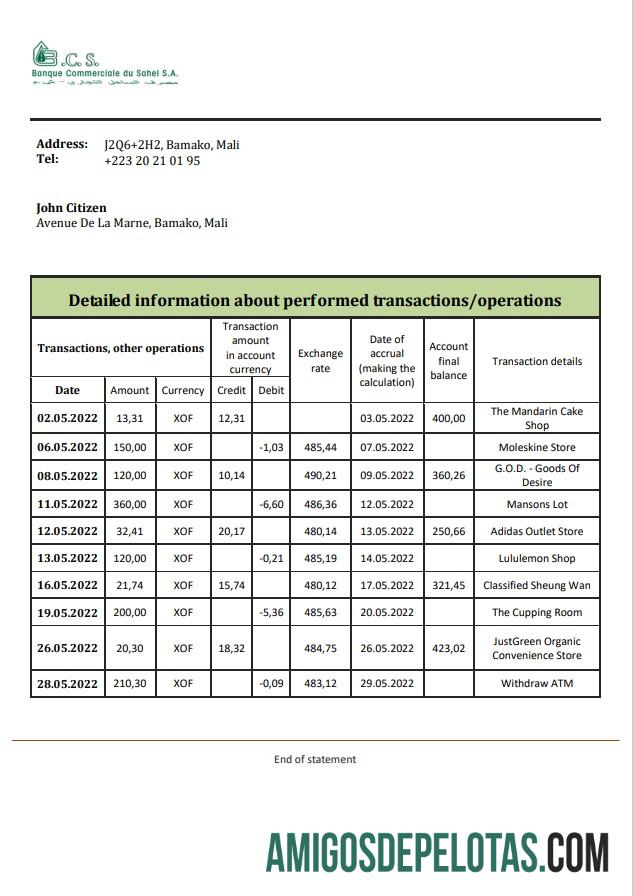 Mali Banque Commerciale Du Sahel extrato bancário amostra